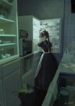  1girl absurdres apron artist_name bag blush brown_hair cupboard hands_up highres indoors kitchen kuwhen long_hair looking_at_viewer maid maid_apron maid_headdress microwave open_mouth original oven ponytail refrigerator refrigerator_interior shopping_bag short_sleeves solo 