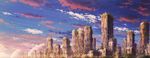  building city cloud cloudy_sky commentary day gradient_sky highres moss no_humans outdoors plant post-apocalypse ruins scenery sky skyscraper sunrise 