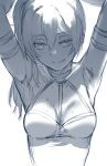  1girl absurdres armpits arms_up blush breasts cleavage commentary hair_between_eyes hews highres looking_at_viewer medium_breasts monochrome side_ponytail simple_background sketch smile solo sousou_no_frieren sweat ubel_(sousou_no_frieren) unfinished upper_body white_background 