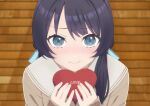  1girl blue_eyes blue_hair box brown_cardigan cardigan closed_mouth commentary english_commentary gift heart-shaped_box highres holding holding_gift link!_like!_love_live! long_hair long_sleeves looking_at_viewer love_live! mixed-language_commentary mole mole_on_neck murano_sayaka sailor_collar sidelocks solo swept_bangs tera_dash twintails upper_body v-shaped_eyebrows white_sailor_collar 