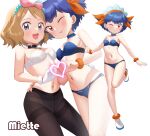  2girls :d black_choker blonde_hair blue_bra blue_choker blue_eyes blue_hair blue_panties blush bow_hairband bra bracelet character_name choker closed_mouth commentary_request eyelashes gazing_eye hairband heart heart_hands heart_hands_duo highres jewelry looking_at_viewer looking_down miette_(pokemon) multiple_girls multiple_views navel one_eye_closed open_mouth orange_eyes orange_hairband panties pantyhose pokemon pokemon_(anime) pokemon_xy_(anime) serena_(pokemon) short_hair simple_background smile tongue tongue_out underwear white_background white_bra 