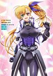  ass_visible_through_thighs black_bodysuit blonde_hair bodysuit breasts commentary_request cowboy_shot cropped_jacket faulds green_eyes hair_ribbon heterochromia highres jacket large_breasts long_hair long_sleeves lyrical_nanoha magical_girl mahou_shoujo_lyrical_nanoha_strikers mahou_shoujo_lyrical_nanoha_vivid older open_clothes open_jacket open_mouth red_eyes ribbon san-pon side_ponytail solo standing taut_clothes vivio waist_cape 