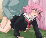  1boy 1girl all_fours bed blush boku_no_hero_academia clothed_sex curtains doggystyle glasses haimawari_kouichi haneyama_kazuho pink_hair red_eyes school_uniform serafuku sex skirt tomu_(tomubobu) torso_grab vigilante_-boku_no_hero_academia:_illegals- 