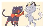  2016 alolan_meowth ambiguous_gender anthro chuckling duo feline feral hand_to_mouth judging litten looking_at_viewer looking_back mammal nintendo pok&eacute;mon ponacho quadruped regional_variant semi-anthro standing unimpressed video_games whiskers 