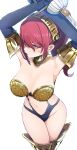  1girl absurdres armor armpits arms_up bikini_armor breasts elbow_gloves gloves high-cut_armor_(persona) highres kamiya_zuzu kirijou_mitsuru large_breasts legs_together light_blush looking_at_viewer navel official_alternate_costume persona persona_3 ponytail red_eyes red_hair revealing_clothes simple_background solo stomach sword thighhighs thighs weapon 