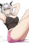  1girl absurdres arknights armpits arms_up bare_arms bare_shoulders breasts camisole cleavage commentary grey_hair hair_intakes highres horns large_breasts midriff_peek pink_shorts red_eyes short_hair short_shorts shorts sitting solo spaghetti_strap talulah_(arknights) thighs tofudofu 