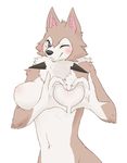  &lt;3 anthro black_nose blue_eyes blush breasts female fur heart_hands heart_sign looking_at_viewer lycanroc midday_lycanroc multicolored_fur nintendo nude one_eye_closed pok&eacute;mon simple_background smile video_games white_background white_fur wink xan_(pixiv) 