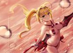  ahoge bikini bracelet breasts collarbone droplet earrings fate/grand_order fate_(series) from_above green_eyes hair_intakes jewelry kakumayu looking_at_viewer nero_claudius_(fate)_(all) nero_claudius_(swimsuit_caster)_(fate) side-tie_bikini smile solo standing swimsuit sword twintails water weapon wet 