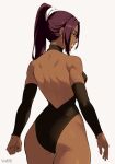  1girl absurdres ass back back_focus backless_leotard bare_shoulders bleach breasts commission dark-skinned_female dark_skin elbow_gloves from_behind gloves highleg highleg_leotard highres large_breasts leotard long_hair looking_at_viewer median_furrow parted_bangs patreon_username ponytail purple_hair shihouin_yoruichi shoulder_blades signature smile solo stayaliveplz thigh_gap thighs toned yellow_eyes 