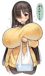  bag black_hair blush borrowed_character breasts gigantic_breasts hair_ornament hair_over_one_eye hairclip long_hair open_mouth original pantyhose plastic_bag puffy_nipples red_eyes sachito shirt simple_background solo sweatdrop sweater teeth translated white_background 