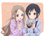  2girls aoba_kokona black_eyes black_hair blush braid braided_bangs brown_hair camera commentary_request hair_ornament hairclip highres holding holding_camera jacket kurosaki_honoka long_hair multiple_girls open_mouth red_eyes short_hair smile takahashi_mizuki yama_no_susume 