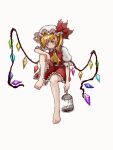  1girl arm_rest ascot bare_arms bare_legs barefoot birdcage blonde_hair bow cage closed_mouth diamond_(shape) flandre_scarlet frilled_hat frilled_skirt frilled_sleeves frills full_body hat hat_bow head_tilt highres holding holding_cage invisible_chair knee_up looking_at_viewer medium_hair mob_cap multicolored_wings myui17901139 orange_eyes puffy_short_sleeves puffy_sleeves red_bow red_skirt red_vest shirt short_sleeves side_ponytail simple_background sitting skirt solo toes touhou vest white_background white_headwear white_shirt wings yellow_ascot 