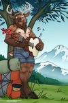  anthro antlers bulge clothed clothing damian guitar horn male male_nipples mountain muscular musical_instrument outside shorts sleeping_bag solo topless tree tsaiwolf 