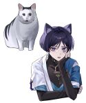  1boy absurdres animal_ear_fluff animal_ears black_shirt blue_cape bridal_gauntlets cape cat cat_ears choppy_bangs commentary_request covered_collarbone eyeshadow fang genshin_impact hair_between_eyes hand_up head_rest highres huh?_cat_(meme) jacket looking_at_viewer makeup male_focus meme open_clothes open_jacket open_mouth parted_bangs purple_eyes purple_hair red_eyeshadow scaramouche_(genshin_impact) shirt short_hair sidelocks simple_background sleeveless sleeveless_shirt solo teeth upper_body wanderer_(genshin_impact) white_background white_jacket woooi 