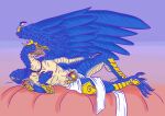 anthro armor avian avian_demon bed big_wings bird corvid corvus_(genus) daemon_of_tzeentch dragoonfliy feathered_wings feathers furniture gold_(metal) gold_armor hi_res huge_wings lord_of_change lying lying_on_bed male on_bed oscine passerine pendant raven seductive shin_pads shinguards shoulder_pads solo suggestive_pose touching_chest tzeentchean_symbol unknown_character wings