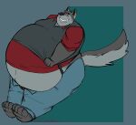 anthro belly big_belly bodily_fluids butt canid canine canis chubby_face clenched_teeth clothed clothing clothing_pull double_chin eyewear fur glasses grey_body grey_fur hi_res kyreden male mammal moobs obese obese_anthro obese_male overweight overweight_anthro overweight_male shirt shirt_pull solo struggling suspenders sweat sweatdrop teeth thick_thighs topwear topwear_pull vest wolf