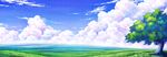  blue_sky cloud cloudy_sky commentary day grass landscape no_humans outdoors panorama scenery sky tree valley 
