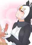  1boy 1girl absurdres after_fellatio atlantic_puffin_(kemono_friends) black_hair black_jacket black_wings blush breasts caressing_testicles closed_eyes closed_mouth commentary_request cum cum_in_mouth erection gloves hair_between_eyes handjob head_wings hetero highres illu_(illu_stratos) jacket kemono_friends long_sleeves medium_bangs medium_breasts multicolored_hair penis shirt short_hair solo_focus sweater testicles two-tone_hair uncensored upper_body white_gloves white_hair white_shirt white_sweater wings 