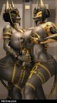 3d_(artwork) 9:16 anthro anubis areola bathroom big_breasts black_body blender_(software) breasts canid canine canis clothed clothing deity digital_media_(artwork) duo ear_piercing egyptian_mythology erection facial_piercing fur genitals gold_(metal) gold_jewelry gynomorph hair hi_res intersex intersex/intersex jackal jewelry looking_at_viewer mammal middle_eastern_mythology multiple_piercings mythology nipple_piercing nipples nose_piercing nude penile penis piercing proto1340fc ring_piercing shower simple_background smile tail tattoo thick_thighs tongue
