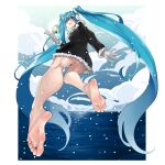  aqua_nails bare_legs barefoot black_coat blue_eyes blue_hair blush border breasts cloud coat commentary cube earmuffs eighth_note eiji_(eiji) feet floating full_body fur-trimmed_coat fur_trim gloves gradient_sky hair_between_eyes hair_ornament hair_scrunchie hatsune_miku highres horizon kneepits long_hair long_sleeves looking_at_viewer looking_back musical_note nail_polish ocean outside_border parted_lips scrunchie sky small_breasts snowing soles toenail_polish toenails toes twintails very_long_hair vocaloid white_border white_gloves white_scrunchie zipper_pull_tab 