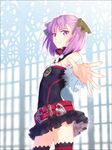  bare_shoulders belt black_legwear detached_sleeves fate/grand_order fate_(series) flat_chest hakusai_(tiahszld) hat helena_blavatsky_(fate/grand_order) looking_at_viewer purple_eyes purple_hair short_hair smile solo strapless thighhighs tree_of_life white_sleeves 