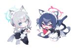  2girls alternate_costume animal_ear_fluff animal_ears apron black_dress black_thighhighs blue_archive blue_eyes blue_hair bright_pupils cat_ears cat_tail chibi crossed_bangs cup dress enmaided frilled_dress frills gloves grey_hair hair_between_eyes hair_ribbon halo highres holding holding_cup long_hair looking_at_viewer maid maid_apron maid_headdress medium_hair meunhongcha mismatched_pupils multiple_girls open_mouth parted_lips red_eyes ribbon serika_(blue_archive) shiroko_(blue_archive) short_sleeves simple_background sweat tail thighhighs twintails white_apron white_background white_gloves white_pupils white_thighhighs wolf_ears 