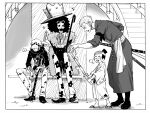  4boys afro boots brook_(one_piece) chabo_(niwatori_bosori) child commentary_request crown earrings facial_hair feather_boa floral_print goatee greyscale hat holding holding_sword holding_weapon japanese_clothes jewelry kimono male_focus momonosuke_(one_piece) monochrome multiple_boys one_piece ponytail profile roronoa_zoro sash scar scar_across_eye sideburns sigh sitting skeleton sweatdrop sword trafalgar_law v-shaped_eyebrows weapon 