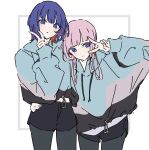  2girls atenaba black_pantyhose black_shorts blue_eyes blue_hair blue_jacket closed_mouth colored_inner_hair cowboy_shot drawstring grey_jacket hand_on_another&#039;s_waist hand_up highres jacket kaf_(kamitsubaki_studio) kamitsubaki_studio long_hair long_sleeves looking_at_viewer medium_hair midriff_peek multicolored_hair multiple_girls pantyhose parted_lips pink_hair red_hair rim_(kamitsubaki_studio) shorts simple_background striped_clothes striped_jacket v white_background yellow_pupils 