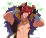  1boy abs bara bare_pectorals blush half-closed_eyes heart heart_background highres league_of_legends looking_at_viewer male_focus muscular muscular_male navel pectorals red_hair scar scar_on_face scar_on_nose sett_(league_of_legends) short_hair smile solo thick_eyebrows tongue tongue_out upper_body yotti 