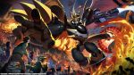  2boys 5girls belt blue_fire cannon character_request destruction digimon digimon_(creature) digimon_card_game digimon_liberator dragon fire flying ghostmon hat imperialdramon imperialdramon_dragon_mode_(black) imperialdramon_fighter_mode_(black) itohiro jacket kazama_shoto kinosaki_arisa large_wings looking_at_another looking_at_viewer mask multiple_boys multiple_girls official_art open_hand owen_dreadnought pteromon red_eyes sangomon shoemon sunarizamon tail third_eye white_hair wings 