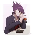  1boy artist_name black_jacket black_sleeves blanko! border buttons cellphone character_keychain collarbone collared_jacket collared_shirt danganronpa:_trigger_happy_havoc danganronpa_(series) danganronpa_v3:_killing_harmony elbow_on_table facial_hair fingernails goatee hand_on_own_cheek hand_on_own_face high_collar highres holding jacket kuwata_leon long_sleeves looking_at_object male_focus momota_kaito open_clothes open_jacket open_mouth open_shirt phone pink_background purple_eyes purple_hair red_tank_top school_uniform shirt smartphone solo spiked_hair sunlight table tank_top teeth upper_body white_border white_shirt 
