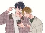  2boys black_hair blonde_hair blue_eyes cellphone chain_necklace ear_piercing earphones given green_shirt head_on_another&#039;s_shoulder highres holding holding_phone jacket jewelry kashima_hiiragi_(given) listening_to_music male_focus multiple_boys multiple_piercings necklace open_mouth phone piercing rtrggv shared_earphones shirt simple_background smartphone uenoyama_ritsuka white_background white_shirt 