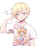  1boy 1girl blonde_hair blue_eyes character_print closed_mouth commentary_request finger_to_face hand_up highres hoshikuzu_(pinkholic) idol_time_pripara looking_at_viewer male_focus pretty_series print_shirt pripara shirt short_hair short_sleeves simple_background smile t-shirt upper_body white_background white_shirt yumekawa_shogo yumekawa_yui 