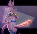anthro balls beerus big_balls big_penis bodily_fluids clothed clothing deity dragon_ball dragon_ball_super dripping erection felid feline foreskin genital_fluids genitals girly glans hi_res huge_penis ineffective_clothing long_penis looking_at_viewer male mammal mostly_nude musical_note partially_clothed penis pink_glans pink_penis precum precum_drip precum_on_penis precum_string presenting presenting_penis r-mk retracted_foreskin solo tongue tongue_out