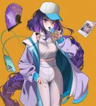  1girl alternate_costume baseball_cap cellphone coat commentary cowboy_shot crop_top folding_fan food genshin_impact hand_fan hat highres holding holding_food hyafumi leggings licking long_hair looking_at_viewer midriff_peek mole mole_under_eye open_clothes open_coat open_mouth pants phone purple_eyes purple_hair raiden_shogun shirt sleeveless sleeveless_turtleneck smartphone solo standing thighs turtleneck very_long_hair white_headwear white_pants white_shirt yae_miko 