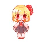  1girl ascot blonde_hair blush_stickers chibi drooling frilled_sleeves frills hair_between_eyes hair_ribbon highres inukkomaru long_sleeves looking_at_viewer open_mouth outstretched_arms red_ascot red_eyes red_footwear ribbon rumia sharp_teeth shirt short_hair sidelocks simple_background skirt socks solo spread_arms standing suspender_skirt suspenders teeth touhou upper_teeth_only white_background white_shirt white_socks 