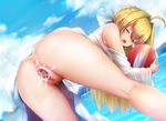  1girl :o ahoge anus ass ball beachball bent_over blush censored closed_eyes cloud cum cum_in_pussy day dutch_angle facing_viewer fate/grand_order fate_(series) ginhaha green_eyes hetero implied_penetration looking_back mosaic_censoring nero_claudius_(fate)_(all) nero_claudius_(swimsuit_caster)_(fate) penis pussy pussy_juice see-through sex shirt sky standing_sex tongue underwear water 
