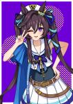  1girl absurdres animal_ears belt beret blue_background blush border breasts brown_hair character_name commentary_request covered_navel cowboy_shot earrings hair_ornament hand_on_own_hip hat highres horse_ears horse_tail jewelry looking_at_viewer lye7d medium_breasts one_eye_closed open_mouth purple_background purple_eyes ribbon simple_background single_earring sleeveless solo tail twintails umamusume v vivlos_(umamusume) white_border 