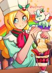 +_+ 1girl 1jumangoku apron banana banana_slice berry blonde_hair blue_eyes blue_jacket blue_sleeves blurry blurry_background bottle buttons candy character_request chef_hat chocolate closed_mouth collar collared_jacket commentary_request cowboy_shot eyelashes food fruit green_shirt hat heart heart-shaped_chocolate highres holding_pipette icing indoors jacket kirahoshi_ciel kirakira_patisserie_uniform kirakira_precure_a_la_mode kiwi_(fruit) kiwi_slice leaf light_blush long_hair looking_at_food neckerchief parfait pegasus pocky precure puffy_short_sleeves puffy_sleeves rainbow red_neckerchief shirt short_sleeves simple_background smile solo sparkling_eyes starry_background strawberry strawberry_slice table twitter_username waist_apron white_apron white_collar white_headwear 