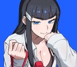  1girl black_hair blue_eyes breasts cleavage collarbone gungye hair_ornament hairclip hand_on_own_chin highres holding holding_leash kill_la_kill kiryuuin_satsuki leash long_hair long_sleeves looking_at_viewer naughty_face open_clothes open_shirt simple_background smile solo thick_eyebrows trigger_(company) 
