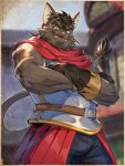  1boy animal_ears armor artist_name bara black_gloves black_pants cat_boy cat_ears cino crossed_arms english_commentary fangs furry furry_male gloves highres jackson_(ni_no_kuni) lion_tail looking_at_viewer male_focus ni_no_kuni:_cross_worlds pants photo_(object) scar scar_across_eye scar_on_cheek scar_on_face slit_pupils sweat tail tongue tongue_out whiskers yellow_eyes 