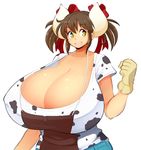  1girl apron breasts brown_hair cleavage collarbone cow_girl cow_girl_(hataraki) ears gigantic_breasts hair_ornament hair_ribbon happy horns open_mouth ribbon shiny shiny_skin solo sukimi_(hataraki) teeth theycallhimcake 