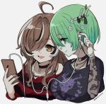  2girls absurdres ahoge antlers black_hair black_nails brown_eyes brown_hair cellphone ceres_fauna ceres_fauna_(4th_costume) choker earphones emo_fashion flower goth_fashion green_hair hair_flower hair_ornament hair_over_one_eye highres holding holding_phone hololive hololive_english horns jewelry long_hair mat_(matdesenheiro) multicolored_hair multiple_girls nail_polish nanashi_mumei nanashi_mumei_(4th_costume) necklace official_alternate_costume official_alternate_hairstyle open_mouth phone print_shirt shared_earphones shirt short_hair simple_background smartphone smile streaked_hair striped_clothes upper_body virtual_youtuber white_background white_hair yellow_eyes 