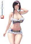  1girl bikini bikini_skirt black_hair breasts cleavage collarbone english_commentary feikyart final_fantasy final_fantasy_vii final_fantasy_vii_rebirth final_fantasy_vii_remake hair_bun hand_in_own_hair large_breasts long_hair looking_at_viewer navel official_alternate_costume official_alternate_hairstyle parted_lips patreon_username red_eyes side-tie_bikini_bottom smile solo swimsuit tifa_lockhart white_background white_bikini 