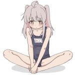  1girl ahoge blush brown_eyes flat_chest full_body grey_hair highres long_hair looking_down name_tag one-piece_swimsuit onii-chan_wa_oshimai! oyama_mahiro pink_pupils school_swimsuit sitting solenhfe solo swimsuit twintails 