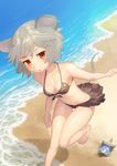  animal_ears bare_arms bare_legs bare_shoulders barefoot beach bikini_skirt bishamonten's_pagoda black_bikini_top breasts cleavage collarbone day front-tie_top grey_hair halter_top halterneck looking_at_viewer mouse_ears mouse_tail nazrin outdoors polpol red_eyes sand short_hair small_breasts solo summer tail touhou water 