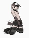 2024 3:4 anthro baseball_cap biped black_bottomwear black_clothing black_eyes black_legwear black_shorts black_thigh_highs bottomwear brown_ears brown_markings brown_tail canid canine canis clothing collar domestic_dog fur gloves_(marking) hat headgear headwear hemuchang hi_res knelling legwear male mammal markings shin_(hemuchang) shorts slim_anthro slim_male solo spiked_collar spikes tail thigh_highs white_body white_fur