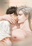  2boys brown_hair closed_eyes closed_mouth collarbone german_text hand_on_another&#039;s_face hand_under_clothes hand_under_shirt ilay_riegrow indoors jeong_taeui korean_commentary male_focus multiple_boys muscular muscular_male neaeheu nipples passion_(manhwa) pectorals shirt short_hair sleeping sleeping_on_person tan white_hair white_shirt yaoi 
