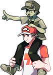  2boys age_progression baseball_cap brown_eyes carrying child hands_on_another&#039;s_leg hat highres in-franchise_crossover jacket male_focus multiple_boys open_mouth pants pointing pokefia pokemon pokemon_rgby pokemon_sm red_(pokemon) red_headwear shirt shoes short_hair short_sleeves shoulder_carry simple_background smile sneakers sugimori_ken_(style) t-shirt white_background 