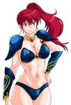  1girl armor asagiri_youko bikini bikini_armor blue_bikini breasts cleavage genmu_senki_leda manabe_jouji midriff pauldrons shoulder_armor solo swimsuit thighs 